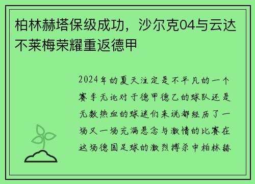 柏林赫塔保级成功，沙尔克04与云达不莱梅荣耀重返德甲